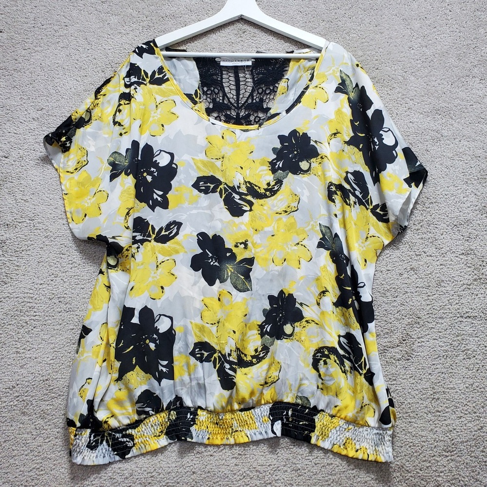 Sag Harbor Blouse Top Womens 2X Yellow Black Floral Smocked Hem Cottagecore